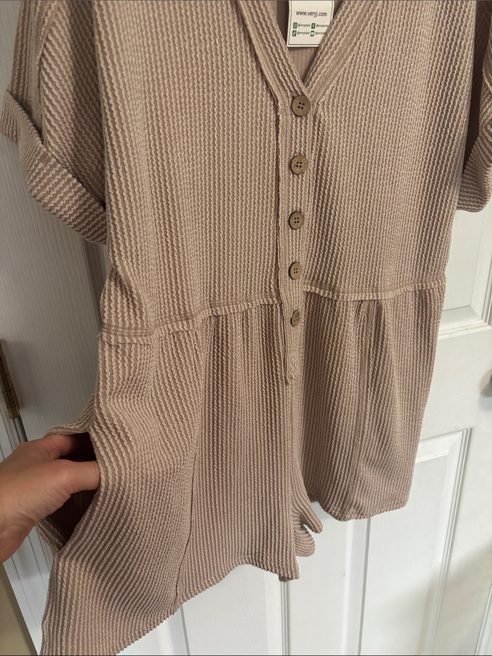 Very J Oatmeal Ribbed Henley Romper - Picture 5 of 8
